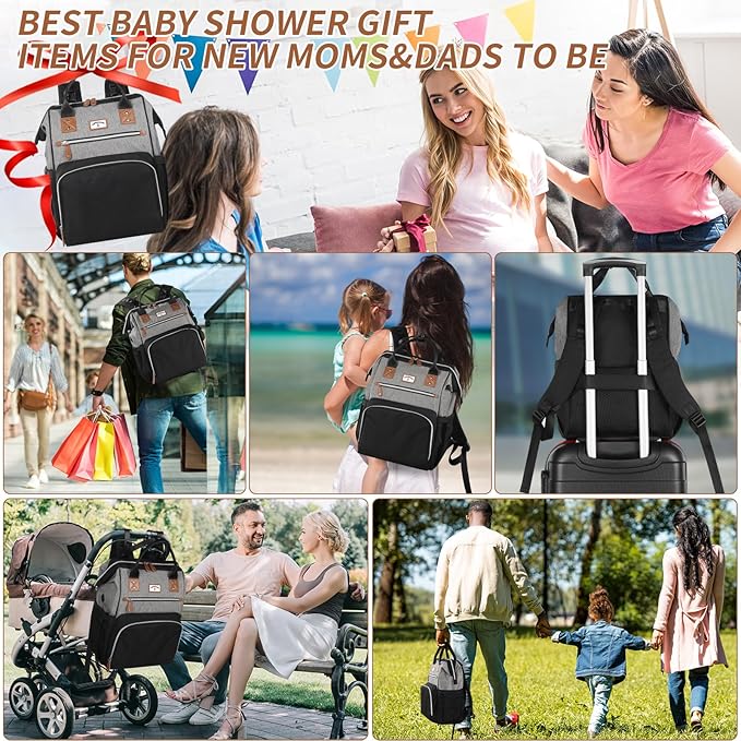 Diaper Bag Backpack:Baby Bag Large Tote Diaper bag for Boys and Girls, Men's Diaper Backpack, Women's Shoulder Mommy Bag, 2 Kids Nappy bag for mom and dad Black Grey