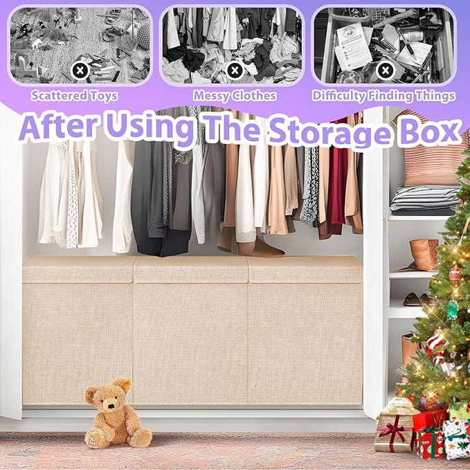 Extra Large Toy Storage Box with Lid Divider, Sturdy Collapsible Toys Organizer Chest Kids Storage Bins Boxes Baskets for Boys, Girls, Nursery, Bedroom, Living Room, Playroom, 40"x14"x16", Beige