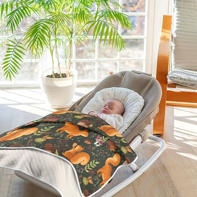Ollabaky Mushroom Squirrel Baby Blanket for Boys Girls Cotton Throw Blanket Swaddle Blanket for Crib Stroller Nursery Receiving Blanket Infant Toddler Unisex 30"x40"