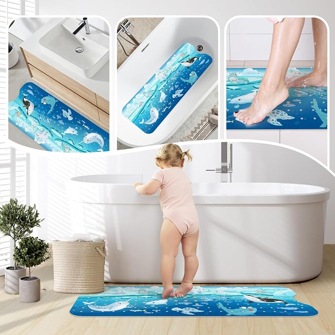 SHUCHING Baby Bath Mat for Tub Non Slip-40 X 16 Inch, Bathtub Mat Non Slip for Kids, Toddler Long Shower Mat for Bathroom, Polar Animal