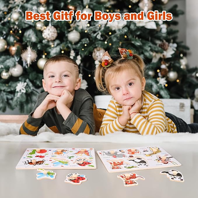 Wooden Peg Puzzles for Toddlers 1-3, Montessori Puzzles, Great Preschool Educational Learning Gifts for Girls and Boys