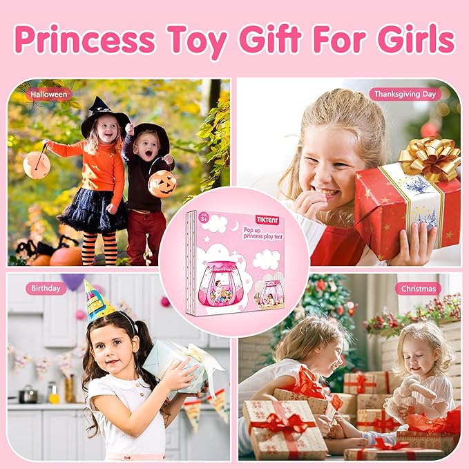 Pop Up Princess Tent with Colorful Star Lights for 1 2 3 Year Old Birthday Gift, 12-18 Months Baby Girl Toys, Foldable Ball Pit with Carrying Bag, Indoor&Outdoor Play Tent for Kids
