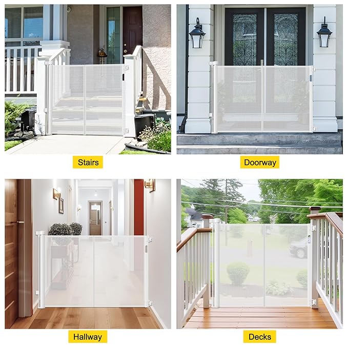 Reinforced 42??Extra Tall Retractable Dog Gate for Doorways, Extends up to 60??Wide, Mesh Baby Gate, Tall Baby Gates with Rods to Prevent Crawling Through Retractable Pet Gate Indoor Outdoor, White