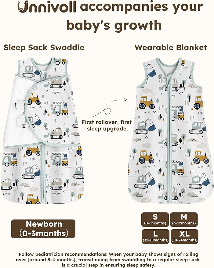 Unnivoll Newborn Sleep Sack Swaddle 100% Cotton Baby Swaddle 0-3 Months, 3-Way Adjustable Wearable Blanket, TOG 0.5, 2 Pack for Baby Boy Girl White Green Excavator