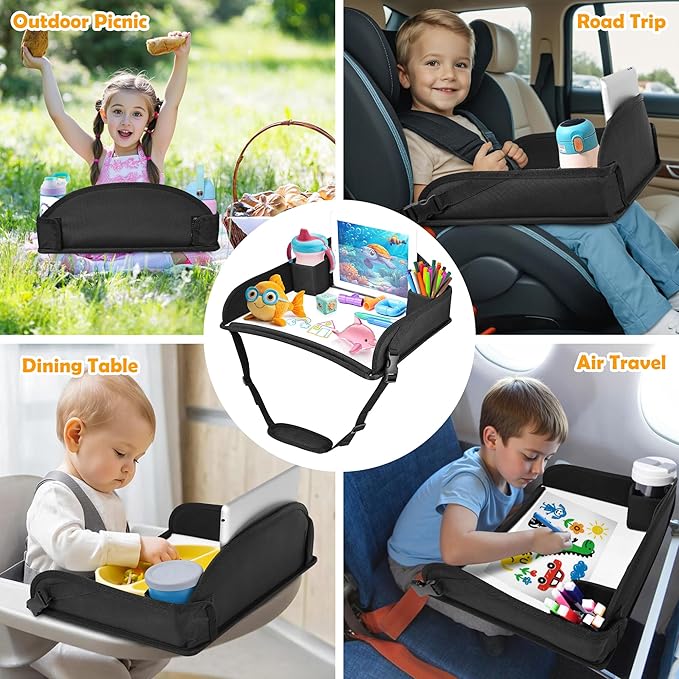 Kids Travel Tray for Toddler Carseat, Road Trip Activities Essentials for Toddler, Kids Lap Desk Tray with Tablet Holder Stand ï¼?Dry Erase Board (Black)