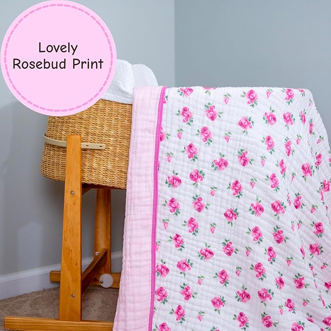LollyBanks Muslin Baby Quilt, 100% Organic Cotton 6-Layer Soft Baby Blanket for Girls, Large 47 x 47 Inches Infant Receiving Blanket, Durable Toddler Quilt, Cozy Newborn Blankets (Rosebud Print)