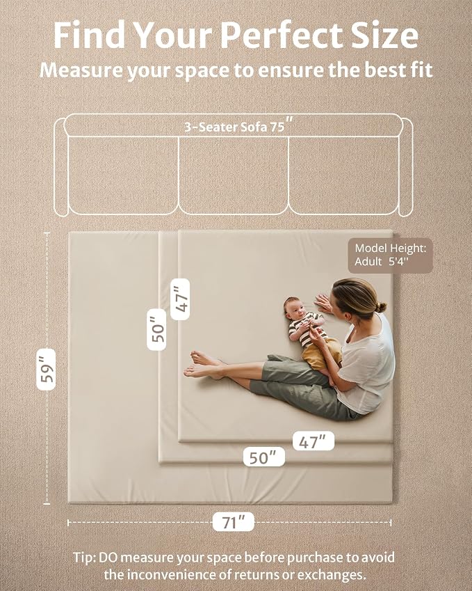 Blissful Diary Vegan Leather Baby Play Mat, 71x59 Thicken Foam Cushioned & Waterproof Playpen Mat for Infants and Toddlers, Stylish and Just Wipe-Clean Playmat for Baby Play on Floor, Beige