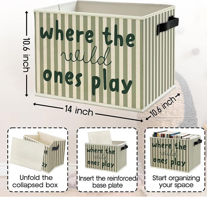 Green Stripe Boho Classroom Storage Bins Box with Handles, Where the Wild Ones Play Collapsible Basket Organizer for Kids Playroom Nursery Bedroom Bathroom Toys Books Clothes