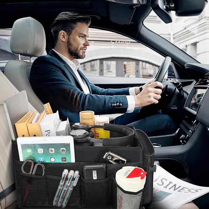 Car Seat Organizer for Back Seat Front Seat Between Seats,Car Storage Organizer for Kids with Multi- Pockets,Collapsible,cup Holders, Removable Dividers(Black)