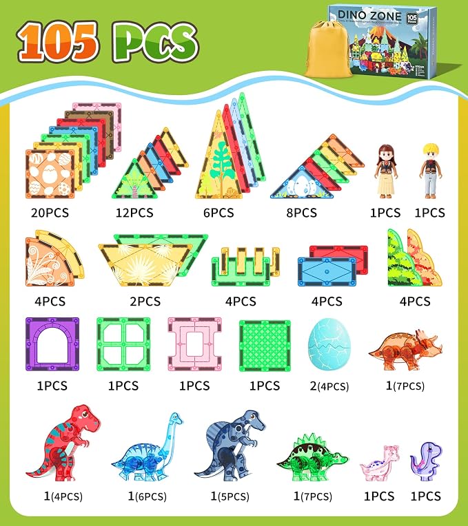 Dinosaur Toys Magnetic Tiles Set - 2 Eggs, 2 Baby Dinos & 5 Large Dinosaurs for Kids 3-5, 105pcs Magnetic Building Blocks for Toddlers 1-3 4-8,Magnet Tiles Educational Toy for Boys Girls