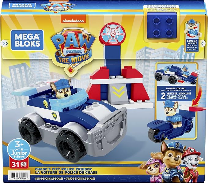 MEGA BLOKS PAW Patrol Toddler Building Blocks Toy Car, Chase's City Police Cruiser with 31 Pieces, 1 Figure, Gift Ideas for Kids Age 3+ Years