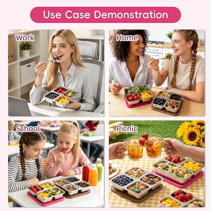 Tanjiae Stainless Steel Snack Containers with Lids, 20oz Multi-Compartment Leak Proof Small Bento Box for Kids & Toddlers - Reusable Metal Food Containers for School Lunch, Travel, Daycare