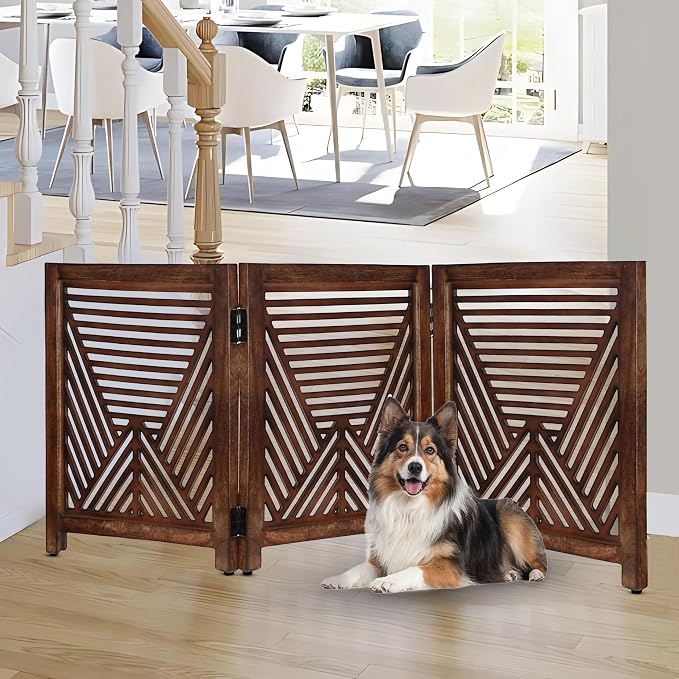 Lightnpro Extra-Wide Wooden Dog Gate β Rustic Freestanding Indoor Pet Barrier, Foldable Safety Fence for Small Dogs, Decorative Room Divider for Stairs, Doorways & Hallways β 24x54 Inch Burnt Finish
