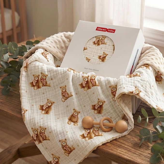 GLLQUEN BABY Blankets for Boys Girls, Soft Muslin Cotton Front Dotted Fleece Backing, Nursery Minky Crib Blanket for Infant Toddler, 30 x 40 inches Throw Blanket, Bears