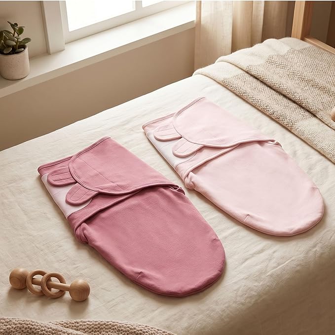 Baby Swaddles for Newborn Organic Cotton, Soft & Snug Velcro Swaddle 0-3 Months Sleep Sack Helps Calm Startle Reflex, 2-Pack Wrap Nursery Swaddling Blanket Mauve & Blush