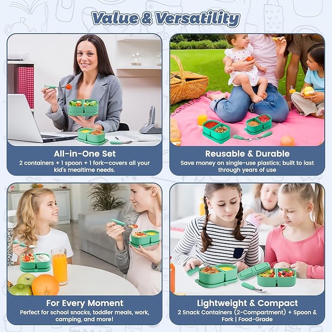 Silicone Snack Containers for Kids (8.5Oz, 2-Compartment)+ Kids Silicone Cutlery Set (Spoon and Fork) - BPA Free, Leak Proof, Great for Toddler/Kid/Adult Meal Prep Containers (green)