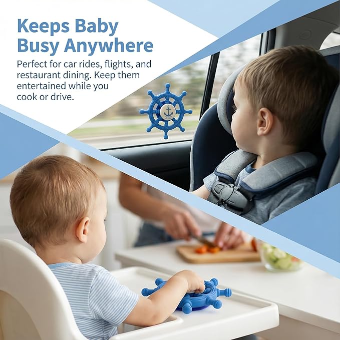 Baby Suction Spinner Toys for Bathtub, Silicone Toddler Bath & High Chair Toys for 1 Year Old Boy/Girl Birthday Gift, Interactive Ship Steering Wheel InfantToy for Car Window Travel-Blue