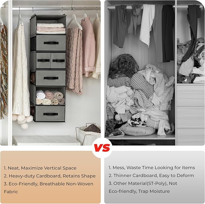 GRANNY SAYS Hanging Closet Organizer 6 Shelves, Closet Organizers and Storage with 5 Drawers, 6 Side Pockets Closet Hanging Organizer, Hanging Storage Organizer for Closet, Baby Clothes, Gray