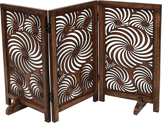 Freestanding Pet Gate for Dogs, Foldable Wooden Dog Gate for House, Indoor Dog Gate for Stair, Doorway, Sun Flower Design Gates for Dogs Indoor, 48 Inch Wide, (16" x3 Panels =48 inch), Burnt Finish
