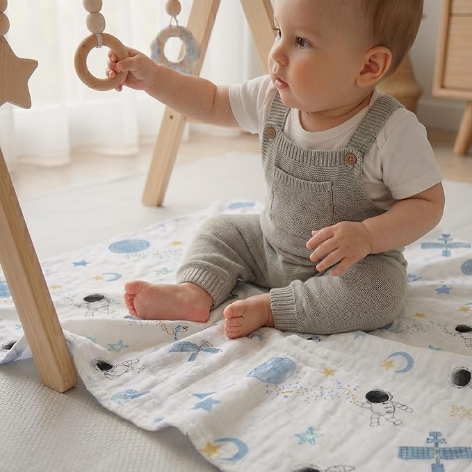 GLLQUEN BABY Receiving Blanket Boy Cotton Muslin Swaddle Blankets Girl Newborn Squares Breathable & Soft Thin Baby Blankets Cloths Double Absorbent Infant Swaddling Wrap - 6 Pack (Blue Astronaut)