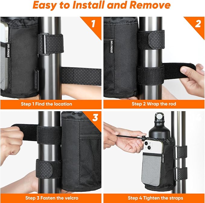 Belinous Bike Cup Holder for 8-24oz Bottles, Scooter Water Bottle Holder for Walker Wheelchair UTV Golf Cart and Boat, e-Bike Drink Holder with Net Pockets and Hook and Loop Straps