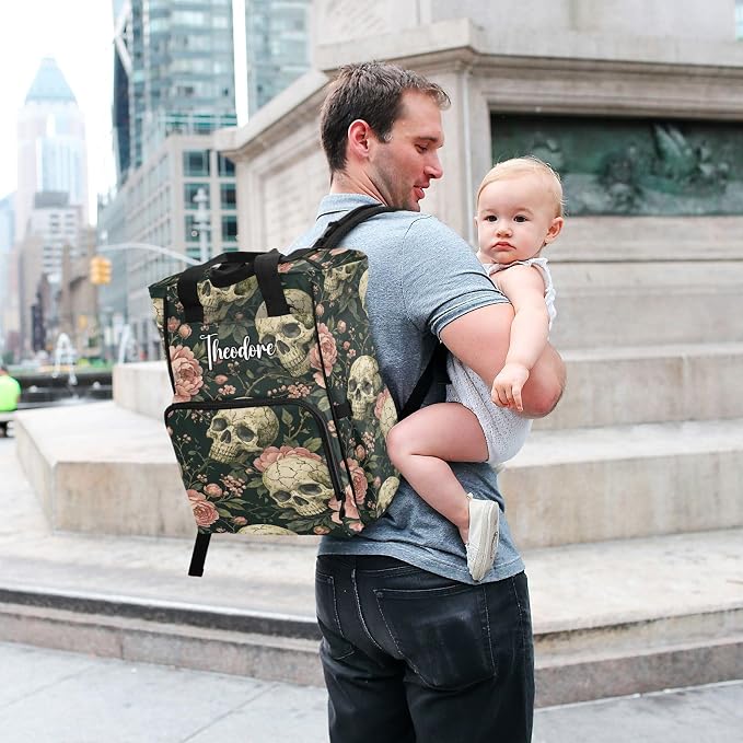 Personalized Mossy Skull Peonies Diaper Bag Large Cap Travel Mom Dad