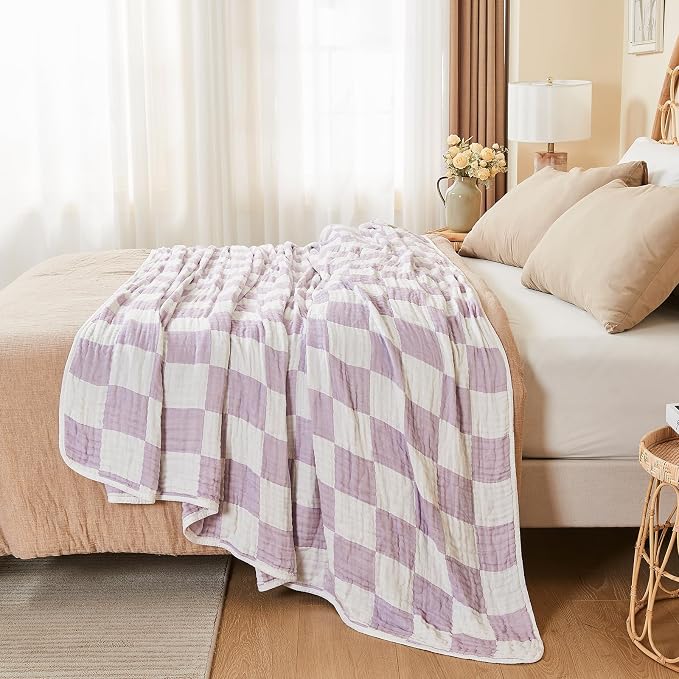 EMME Cooling Muslin Blanket for Adults - Checkered Lightweight Summer Cotton Throw Blankets of Rayon Derived from Bamboo for Hot Sleepers, Ultra Soft Breathable Gauze