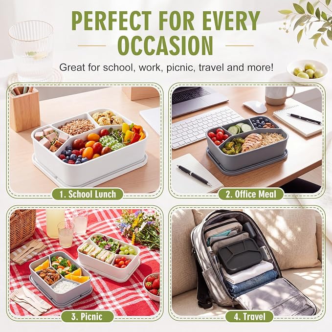 Ziliny 4 Pcs Silicone Bento Box Reusable Lunch Container Smooth Leak Proof Lunch Box Rectangle Bento Boxes for Adult Work Travel Food Meal Compartment Storage (Modern Monochrome)