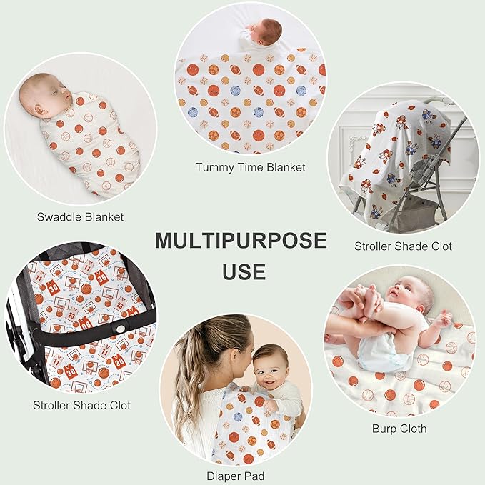 Muslin Swaddle Blankets for Newborn, 4 Pack Large 47"x47" Soft Breathable Bamboo Cotton Baby Blanket, Lightweight Receiving Blanket for Boys and Girls, Sports Collection