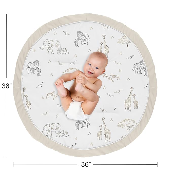 Sweet Jojo Designs Jungle Safari Animals Boy Girl Baby Playmat Tummy Time Infant Play Mat Brown Taupe Black and White Gender Neutral Animal Elephant Giraffe Wildlife Adventure Elephants Serengeti