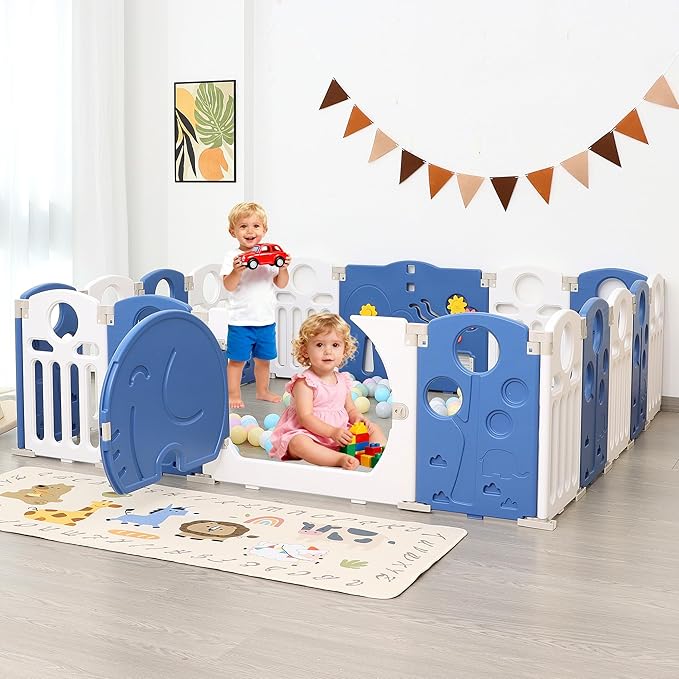Baby Playpen, 18-Panel Foldable Play Pen for Babies and Toddlers, Indoor Outdoor Baby Fence with Sensory Play Panel, Adjustable Shape Activity Play Center, Portable & Easy Assemble
