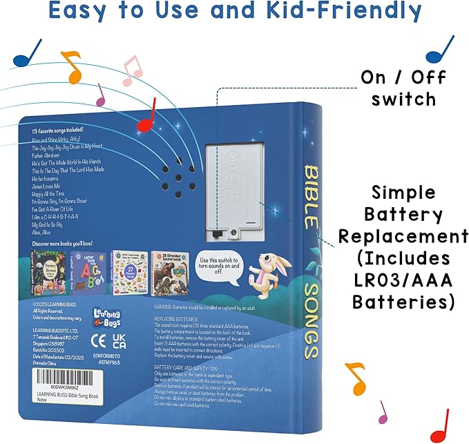 LEARNING BUGS Christian Bible Songs ??13 Songs of Praise for Little Ones, Musical Books for Toddlers, 28-Button Music Book, Musical Toys for Toddlers 1-3