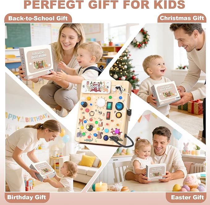 Busy Board for Toddlers 1-3 - Montessori Educational Sensory Toy with 10 Switches & 19 Lights, Activity Board for Fine Motor Skills, Travel Toys for 1+ Year Old Boy & Girl Birthday Gift(Forest Theme)