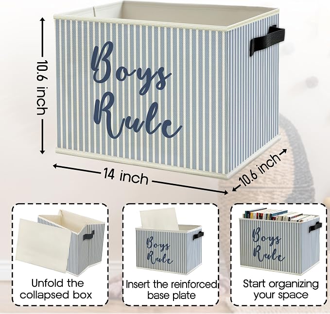 Boy Nursery Storage Bins Box with Handles, Blue Striped Boys Rule Playroom Collapsible Basket Organizer for Kids Toddler Boys Room Bedroom Bathroom Toys Books Clothes