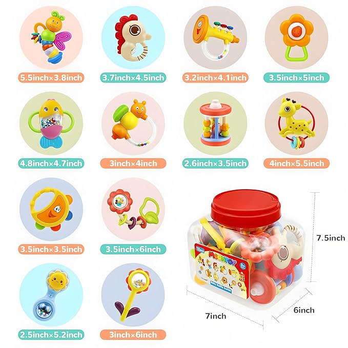 MOONTOY 12pcs Baby Rattles for Babies 0-6 Months Teething Toys 3-6 Months, Newborn Infant Teethers Baby Toys 6-12 Months, Montessori Baby Easter Basket Stuffers Gifts 1 2 3 4 5 6 7 9 10 Month Boy Girl