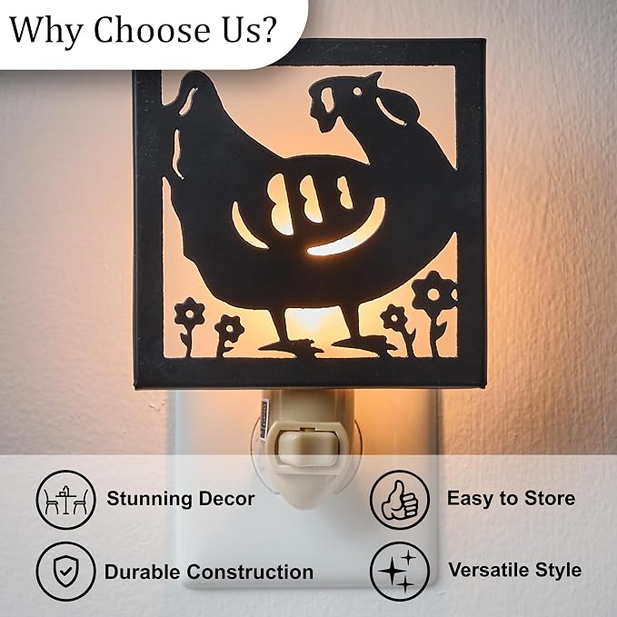 Park Designs Hen Night Light, Country Farmhouse Lighting Accent, Decorative Light for Dark Hallways and Rooms, Metal Chicken Night Light