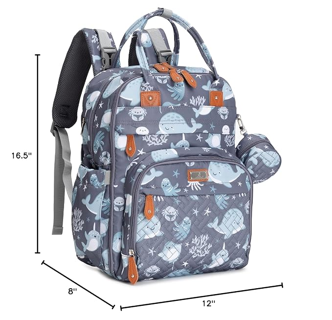 BabbleRoo Diaper Bag Backpack - Baby Essentials Travel Tote - Multi Function Water Resistant Diaper Bag, Travel Essentials Baby Bag with Changing Pad, Stroller Straps & Pacifier Case - Sea Animals