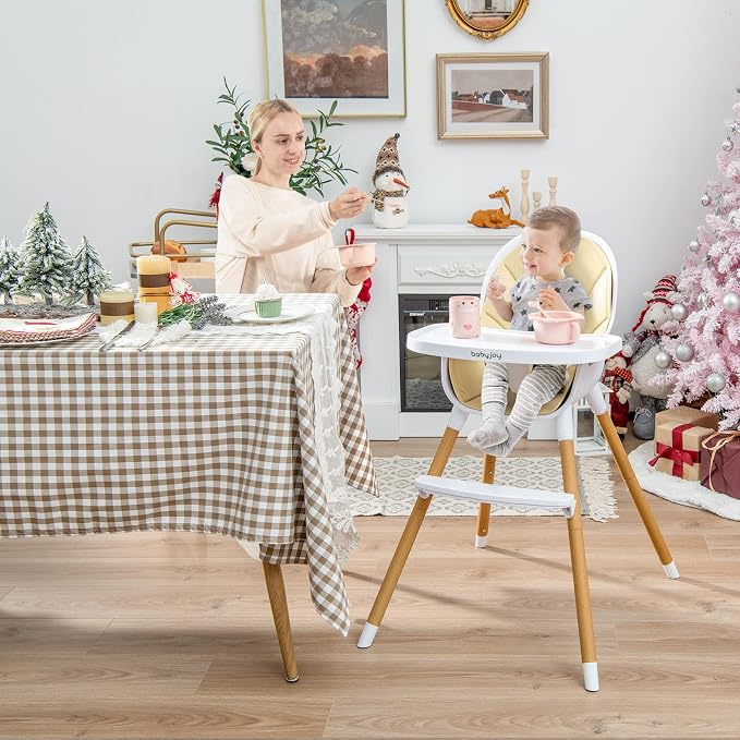 BABY JOY Convertible Baby High Chair, 3 in 1 Wooden Highchair/Booster/Chair with Removable Tray, Adjustable Legs, 5-Point Harness, PU Cushion and Footrest for Baby, Infants, Toddlers (Beige)