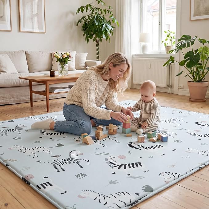 1.5" Thick Premium Baby Floor Play Mat, 71x79 Over-Sized Padded Memory Foam Mat, Tummy Time Crawling Playmat for Nursery Kids Playroom, Zebra