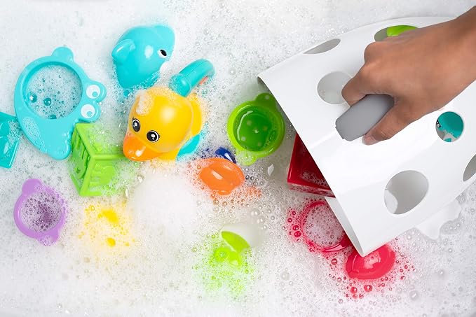 Bizzu Bath Toy Storage Organizer & Scoop with Handle, Quick-Dry Draining Bath Toy Bin with Suction Cup, Dishwasher-Safe Baby & Toddler Bath Caddy, White