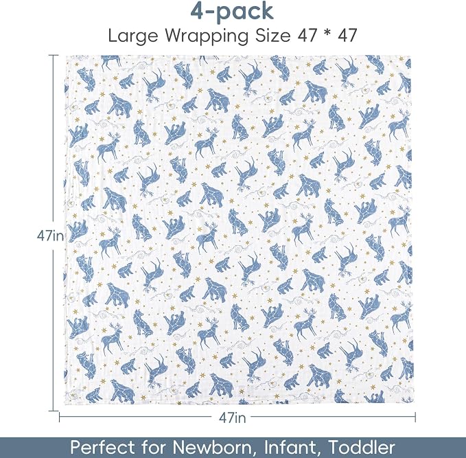 david's kids Muslin Swaddle Blankets, 4 Pack Organic Cotton Baby Blankets, Breathable Soft Receiving Blanket for Boys Girls, Newborn Essentials, Large 47 x 47 inches, Star