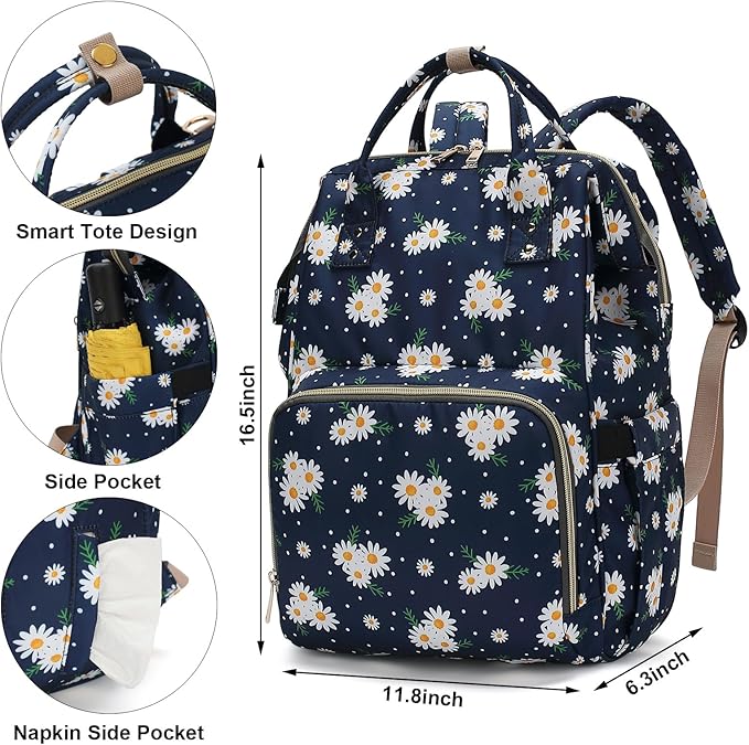 Daisy Baby Diaper Bag Backpack for Women, Large Capacity Waterproof Maternity Travel Nappy Backpacks with Stroller Straps