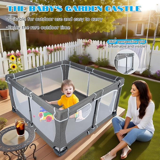 Foldable Baby Playpen,PlayPens for Babies and Toddlers,Indoor Outdoor Safety Play Area, Portable Child Activity Large Collapsible Play Yard,Folding Fence (Cationic Fabric-Grey, 59"x71")