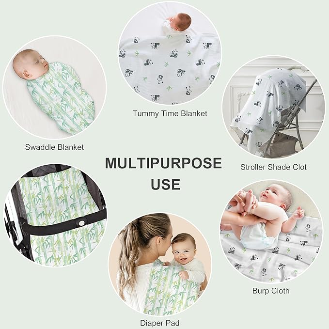 Muslin Swaddle Blankets for Newborn, 2 Pack Large 47"x47" Soft Breathable Bamboo Cotton Baby Blanket, Lightweight Receiving Blanket for Boys and Girls, Panda Paradise