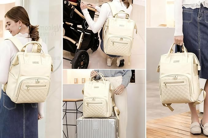Baby Diaper Bag Backpack, Vegan Leather Diaper Backpack with Laptop Compartment 15.6 inch, Baby Bag Large Capacity, Waterproof Travel Backpack (Beige)