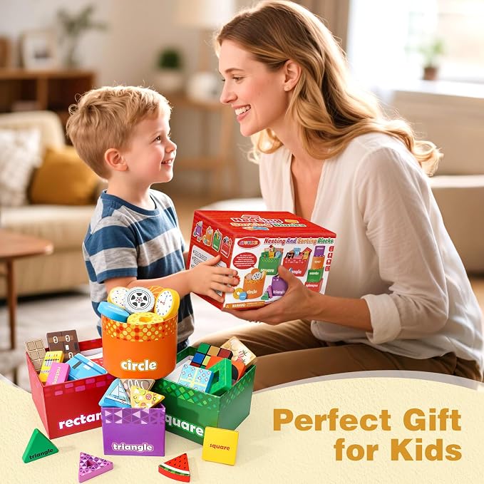 Atoylink Montessori Toys Shape Sorter for Toddlers, Wooden Stacking Blocks Nesting Boxes Baby Everyday Objects Shape Sorting Toys Matching Games, Preschool Learning Toys for 1 2 3 Year Old Boys Girls