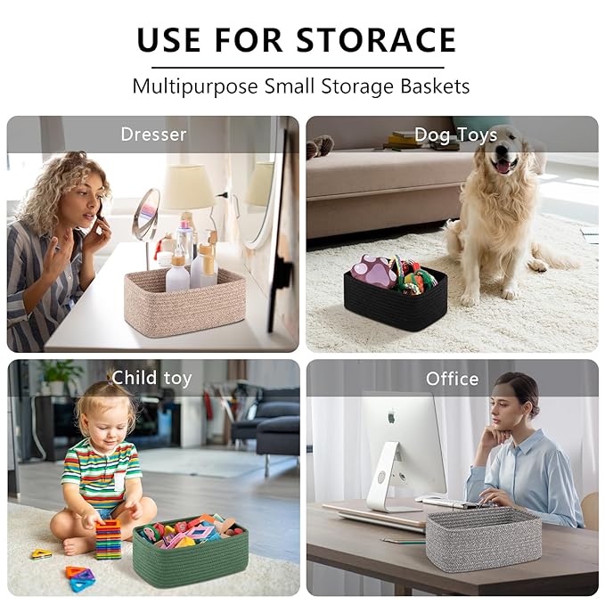 OIASKET 4 Pack Small Storage Shelf Baskets for Organizing, Mini Woven Rope Storage Bins for Towels, Cute Decorative Closet Organizer,Baby Nursery, Gift Empty Baskets -13''Lx8.66''Wx5.11''H-Brown