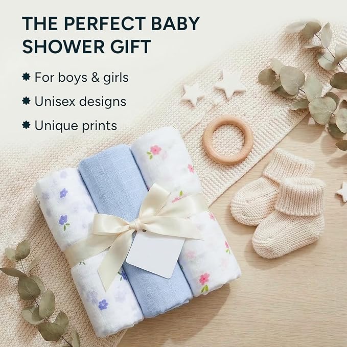 Muslin Swaddle Blankets for Newborns, 3 Pack Multipurpose 100% Organic Cotton, Ultra Soft Breathable Receiving Blanket 39 x 39 inches, Swaddle Wrap for Baby Boys & Girls