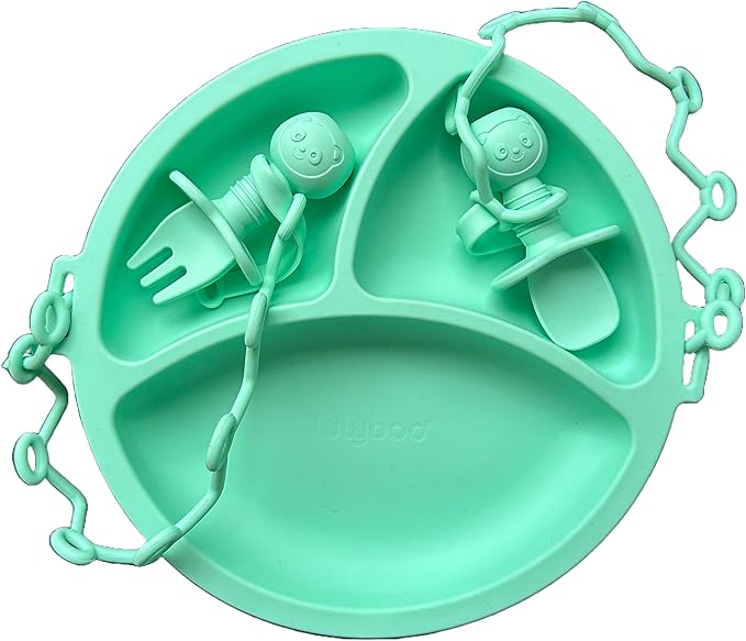 Lulyboo Baby Feeding Set Silicone Suction Plate with Spoon & Fork + 2 No-Drop Straps | BPA-Free, Easy-Clean, Toddler Self-Feeding Essentials for Home & Travel