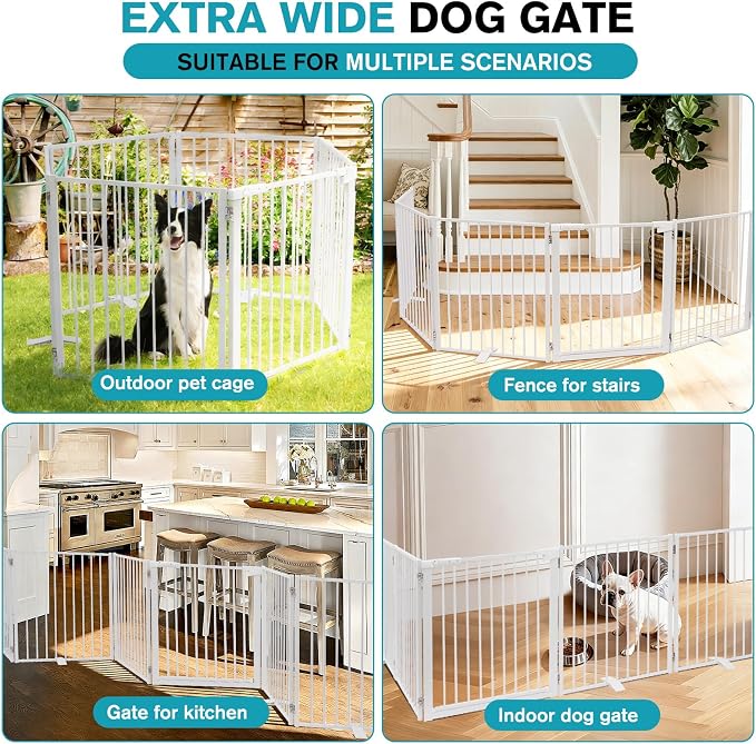 Snagle Paw Extra Wide Dog Gate,Free Standing Dog Fence with Door, Up to 156 Inch Wide Pet Gate with Support Feet for Stairs, Hallways, Doorways, Yard (White, 6 Panels)